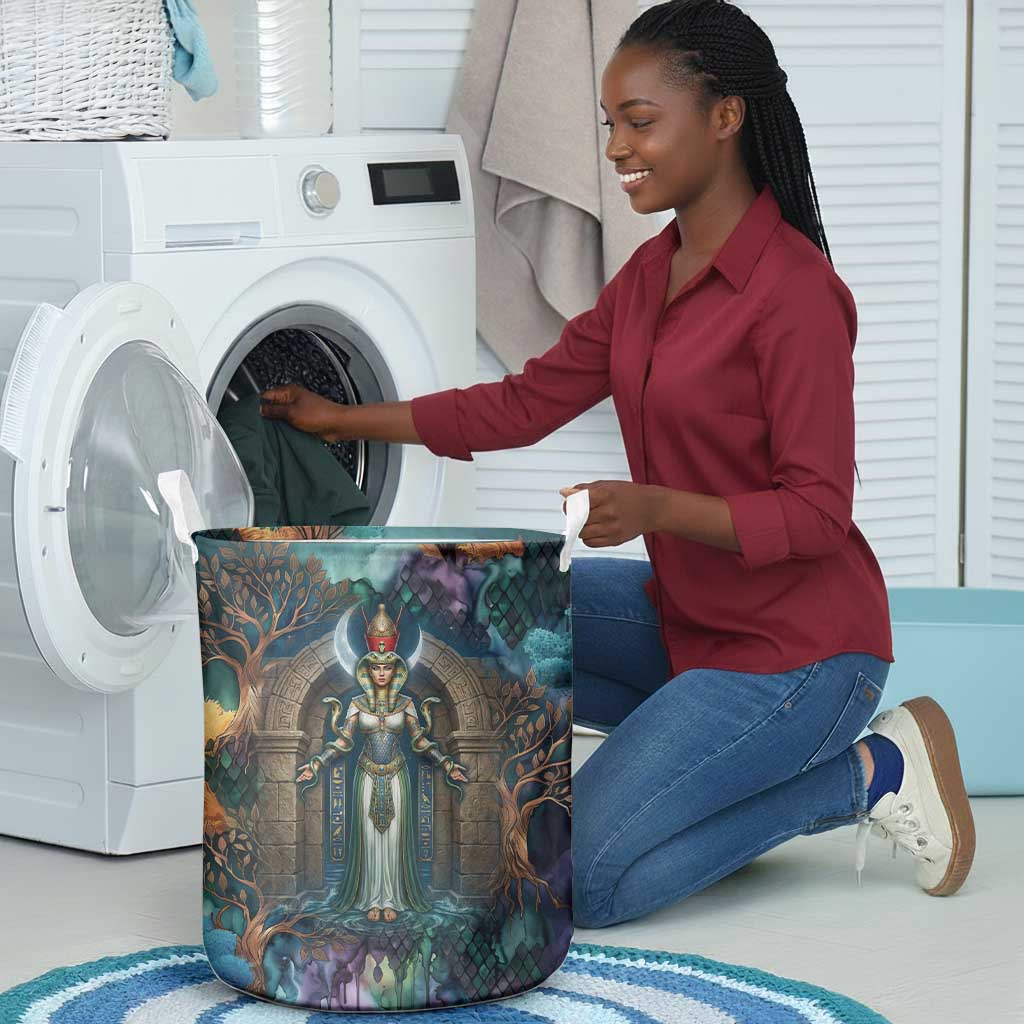 Amunet Ancient Temple Egyptian Laundry Basket with Golden Serpent Mythology in Teal Tones