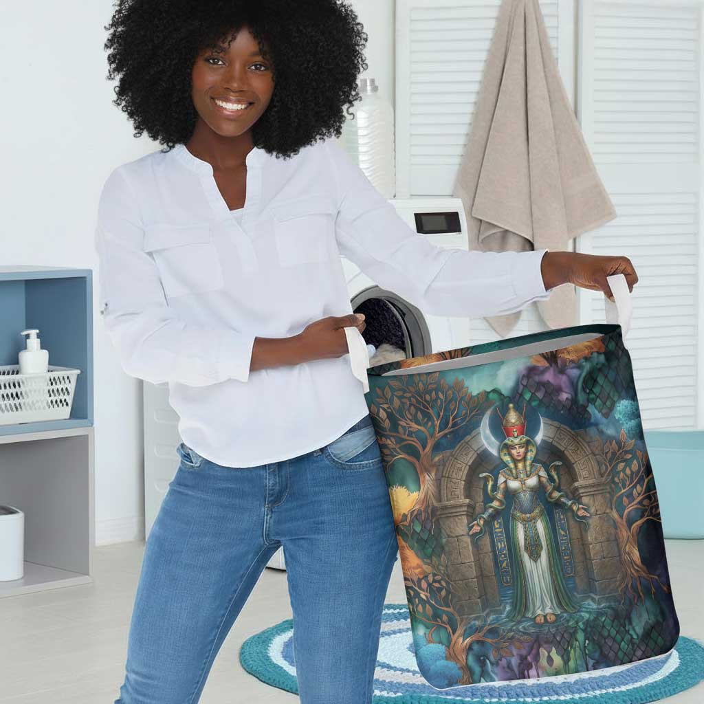 Amunet Ancient Temple Egyptian Laundry Basket with Golden Serpent Mythology in Teal Tones