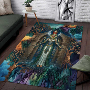 Amunet Ancient Temple Egyptian Area Rug with Golden Serpent Mythology in Teal Tones