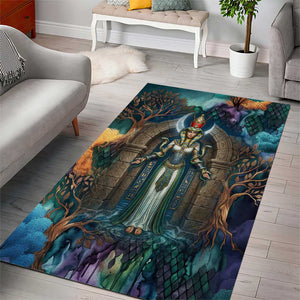 Amunet Ancient Temple Egyptian Area Rug with Golden Serpent Mythology in Teal Tones
