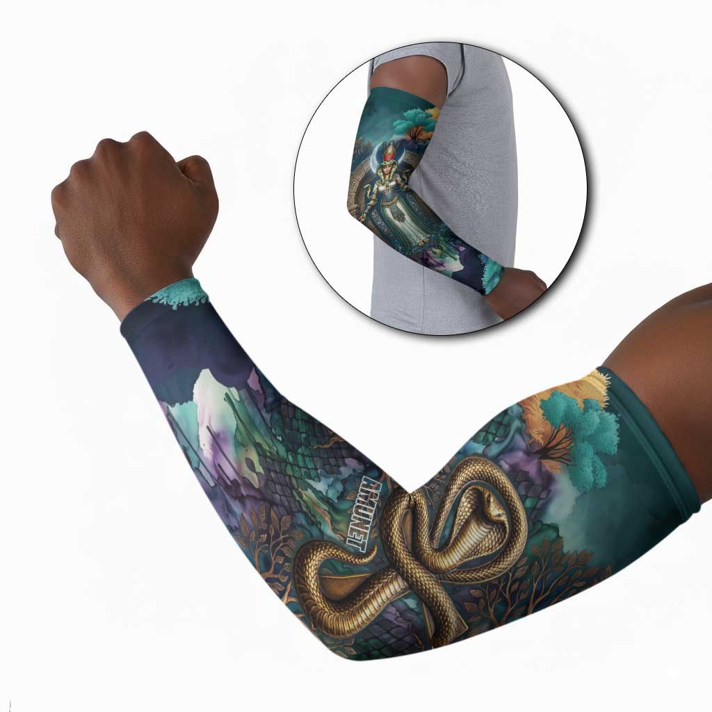 Amunet Ancient Temple Egyptian Arm Sleeves with Golden Serpent Mythology in Teal Tones