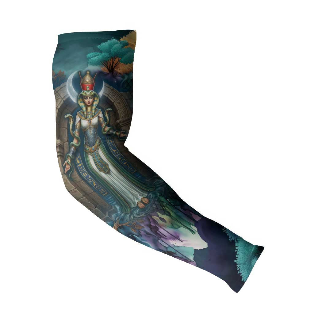 Amunet Ancient Temple Egyptian Arm Sleeves with Golden Serpent Mythology in Teal Tones