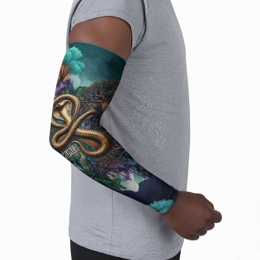 Amunet Ancient Temple Egyptian Arm Sleeves with Golden Serpent Mythology in Teal Tones