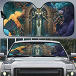 Amunet Ancient Temple Egyptian Auto Sun Shade with Golden Serpent Mythology in Teal Tones