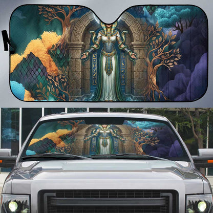Amunet Ancient Temple Egyptian Auto Sun Shade with Golden Serpent Mythology in Teal Tones