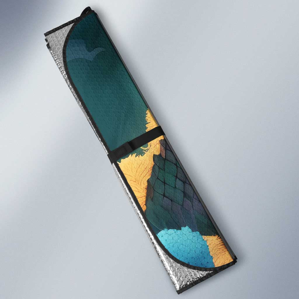 Amunet Ancient Temple Egyptian Auto Sun Shade with Golden Serpent Mythology in Teal Tones