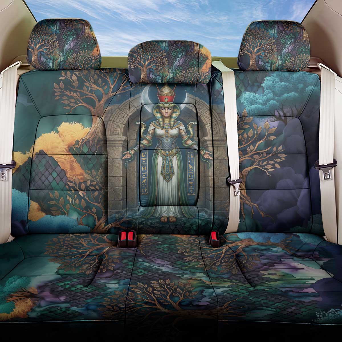 Amunet Ancient Temple Egyptian Back Car Seat Cover with Golden Serpent Mythology in Teal Tones