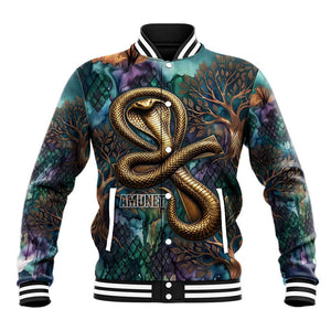Amunet Ancient Temple Egyptian Baseball Jacket with Golden Serpent Mythology in Teal Tones