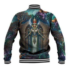Amunet Ancient Temple Egyptian Baseball Jacket with Golden Serpent Mythology in Teal Tones