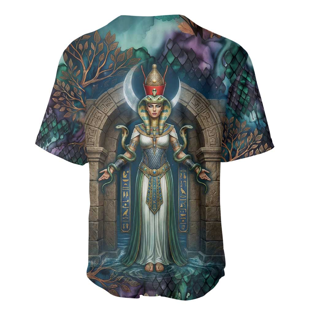 Amunet Ancient Temple Egyptian Baseball Jersey with Golden Serpent Mythology in Teal Tones