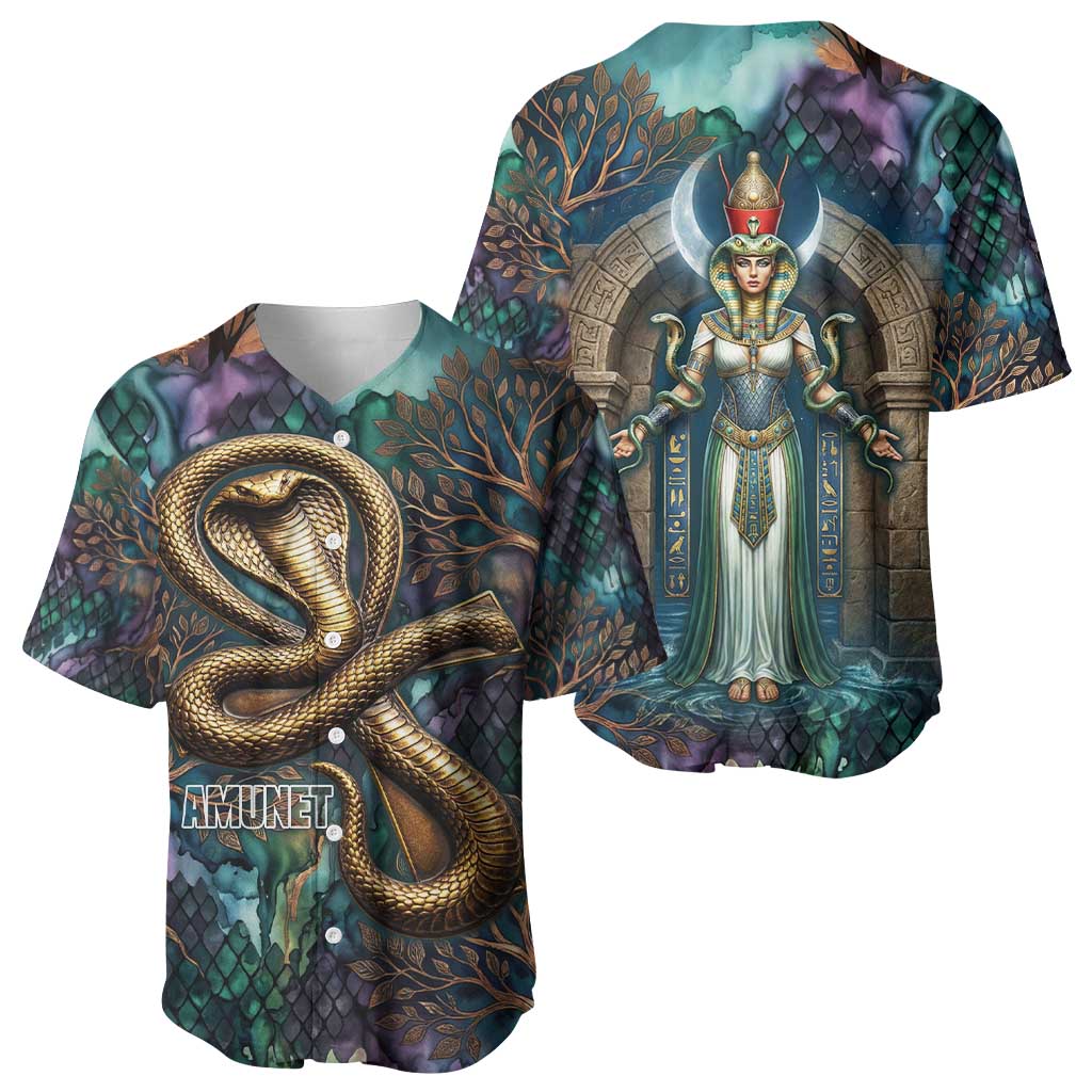 Amunet Ancient Temple Egyptian Baseball Jersey with Golden Serpent Mythology in Teal Tones