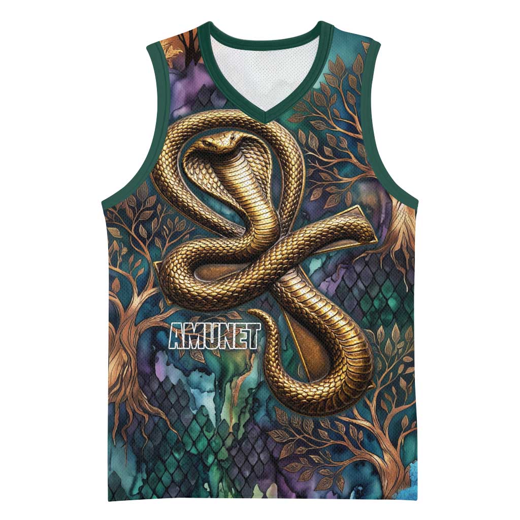 Amunet Ancient Temple Egyptian Basketball Jersey with Golden Serpent Mythology in Teal Tones