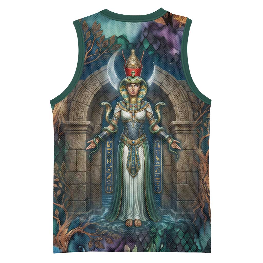 Amunet Ancient Temple Egyptian Basketball Jersey with Golden Serpent Mythology in Teal Tones