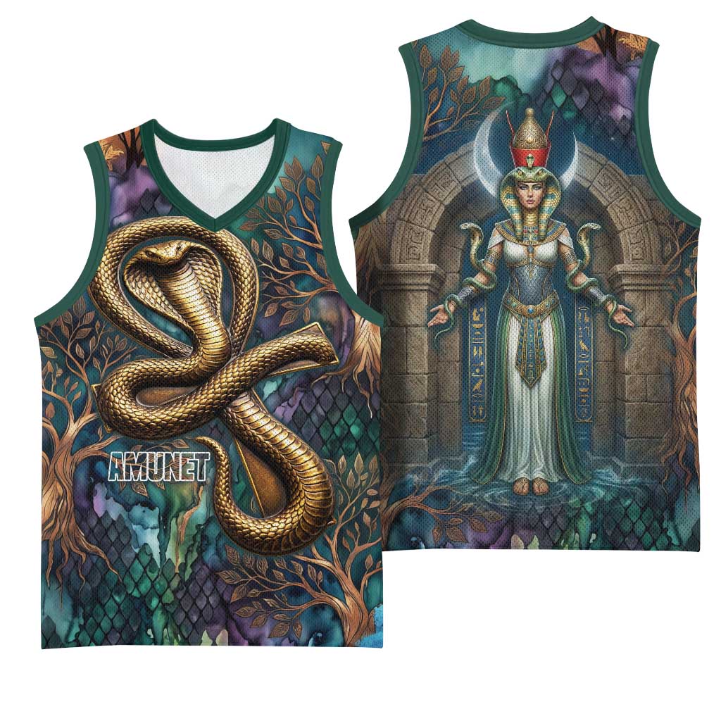 Amunet Ancient Temple Egyptian Basketball Jersey with Golden Serpent Mythology in Teal Tones