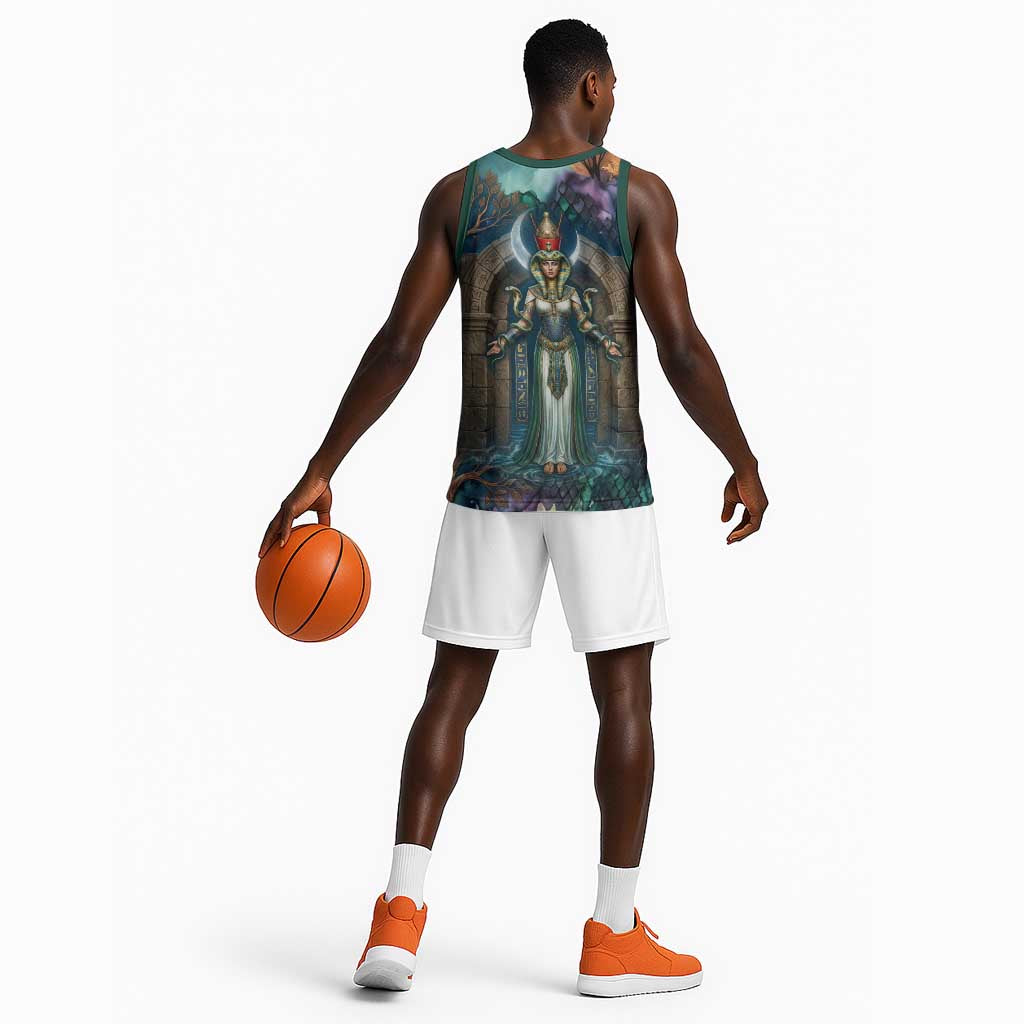 Amunet Ancient Temple Egyptian Basketball Jersey with Golden Serpent Mythology in Teal Tones