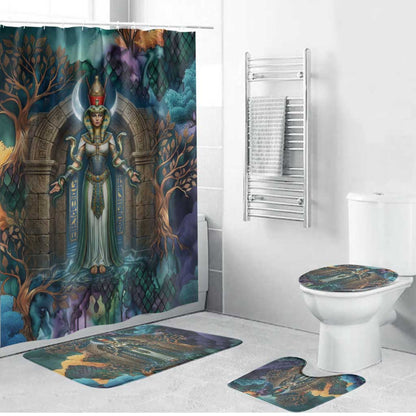 Amunet Ancient Temple Egyptian Bathroom Set with Golden Serpent Mythology in Teal Tones