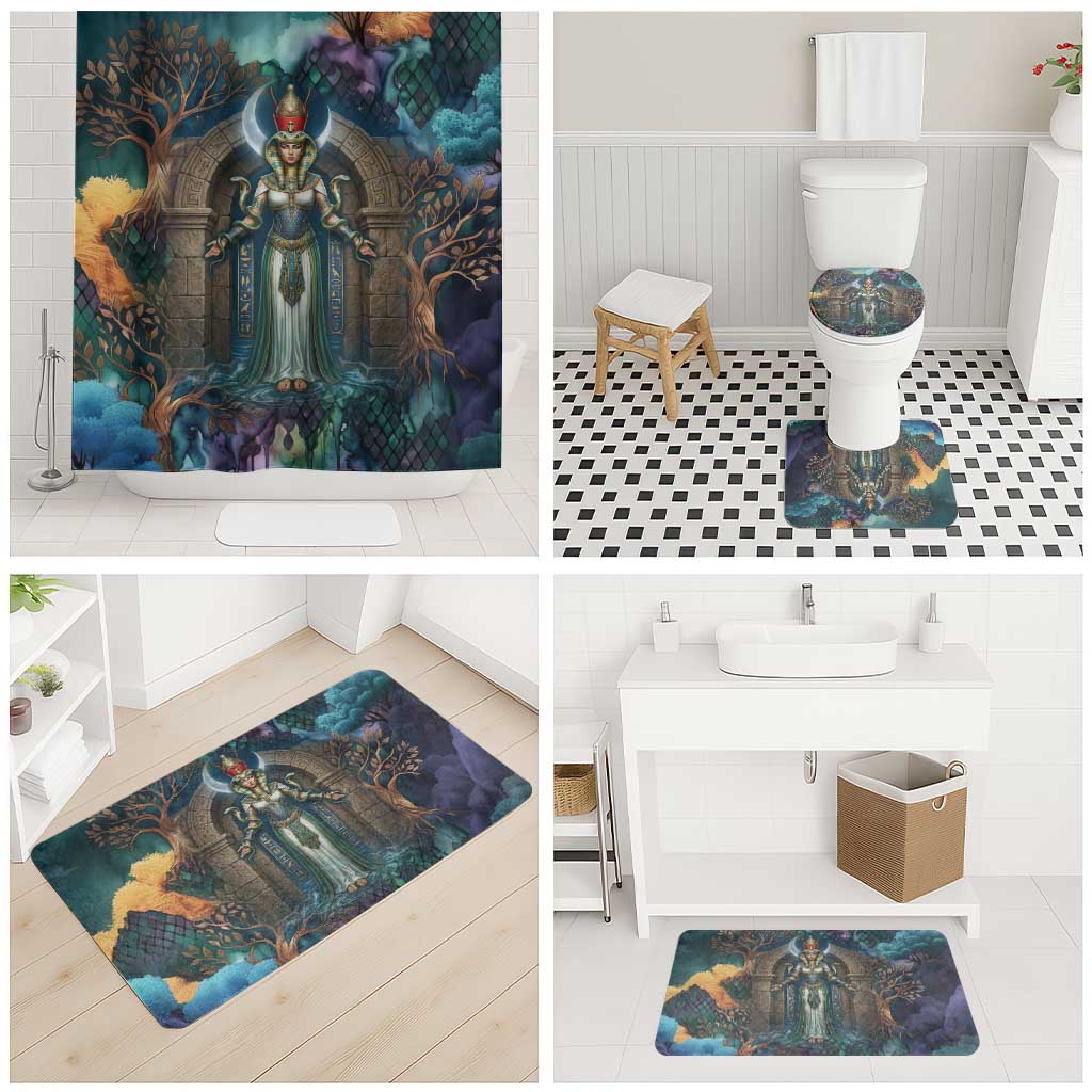 Amunet Ancient Temple Egyptian Bathroom Set with Golden Serpent Mythology in Teal Tones