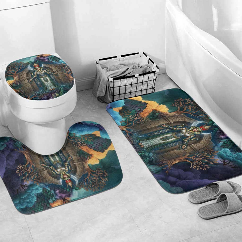 Amunet Ancient Temple Egyptian Bathroom Set with Golden Serpent Mythology in Teal Tones