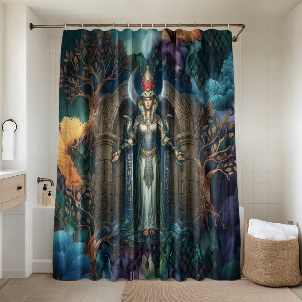 Amunet Ancient Temple Egyptian Bathroom Set with Golden Serpent Mythology in Teal Tones