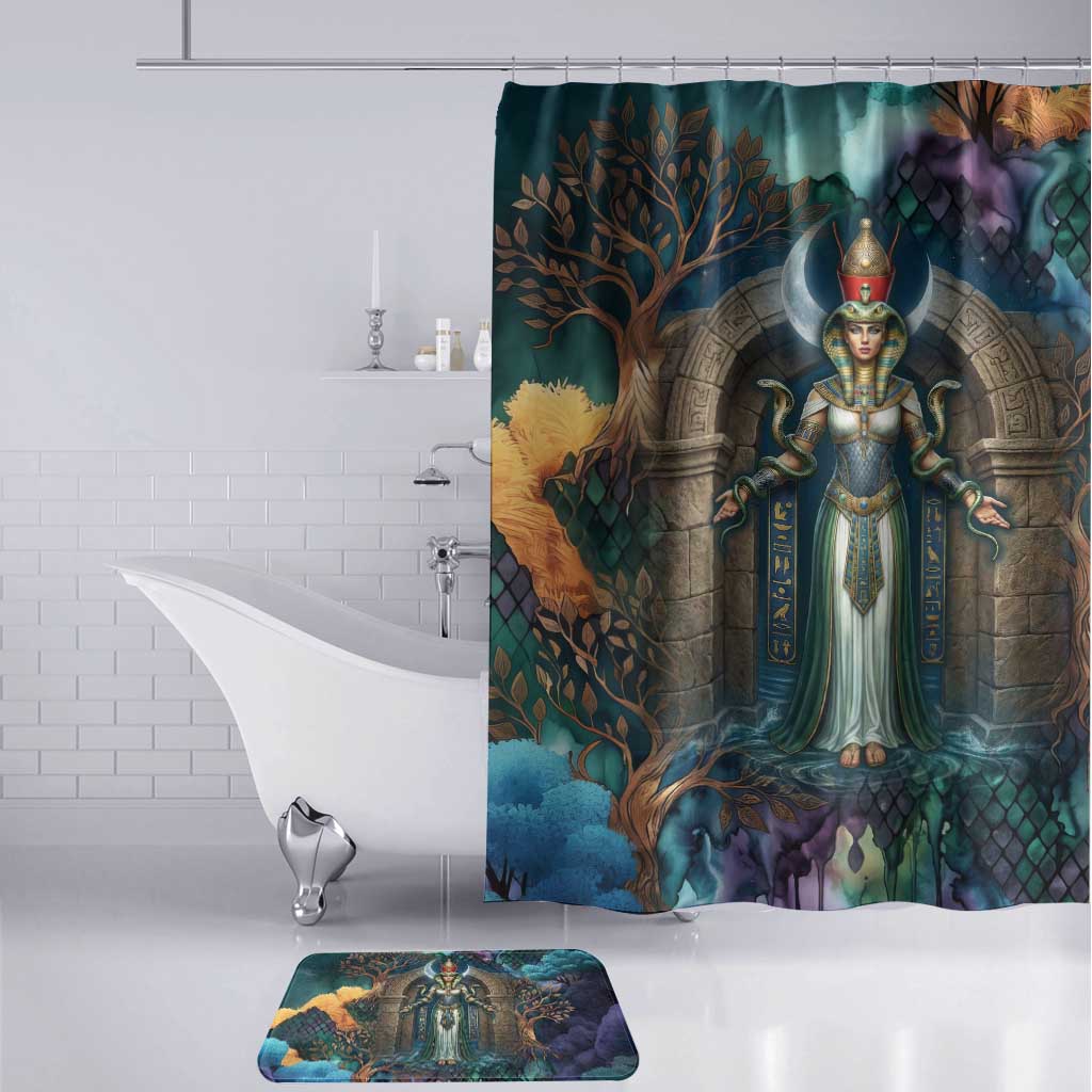 Amunet Ancient Temple Egyptian Bathroom Set with Golden Serpent Mythology in Teal Tones