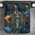 Amunet Ancient Temple Egyptian Bedding Set with Golden Serpent Mythology in Teal Tones