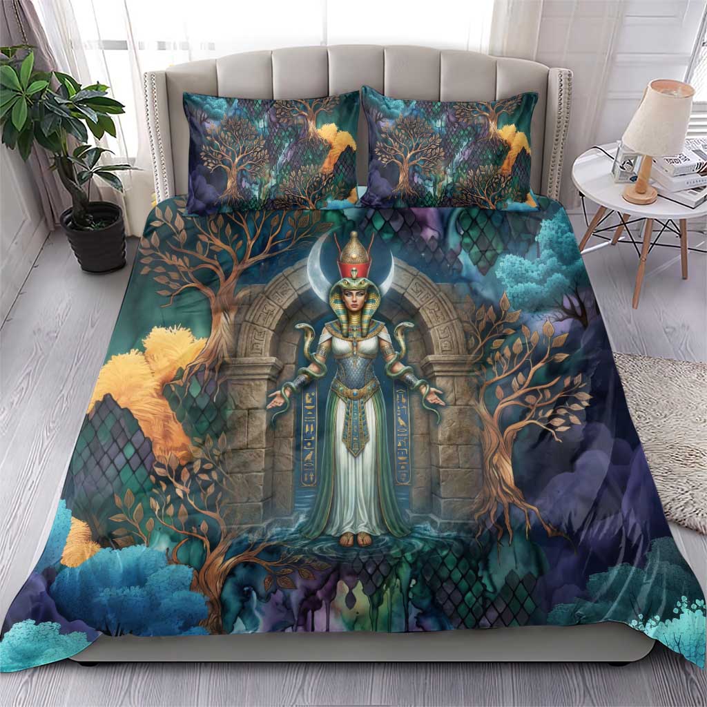 Amunet Ancient Temple Egyptian Bedding Set with Golden Serpent Mythology in Teal Tones