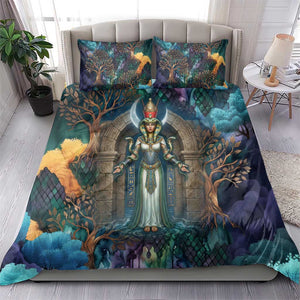 Amunet Ancient Temple Egyptian Bedding Set with Golden Serpent Mythology in Teal Tones