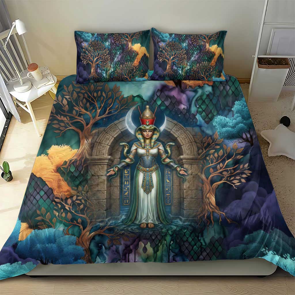 Amunet Ancient Temple Egyptian Bedding Set with Golden Serpent Mythology in Teal Tones