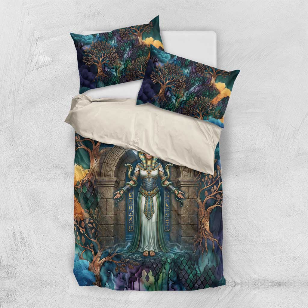 Amunet Ancient Temple Egyptian Bedding Set with Golden Serpent Mythology in Teal Tones