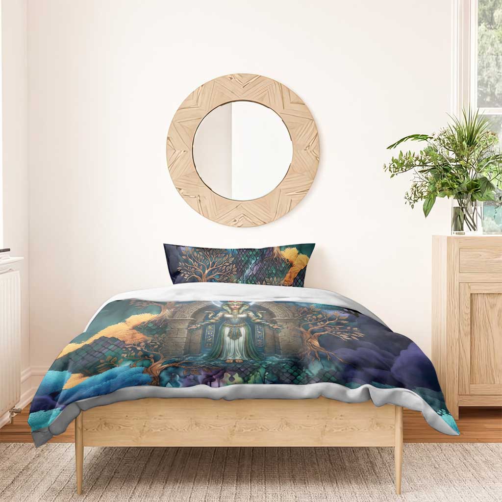 Amunet Ancient Temple Egyptian Bedding Set with Golden Serpent Mythology in Teal Tones