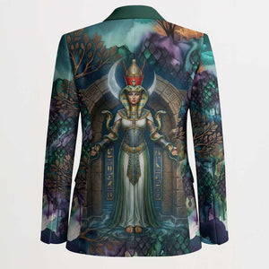 Amunet Ancient Temple Egyptian Blazer with Golden Serpent Mythology in Teal Tones