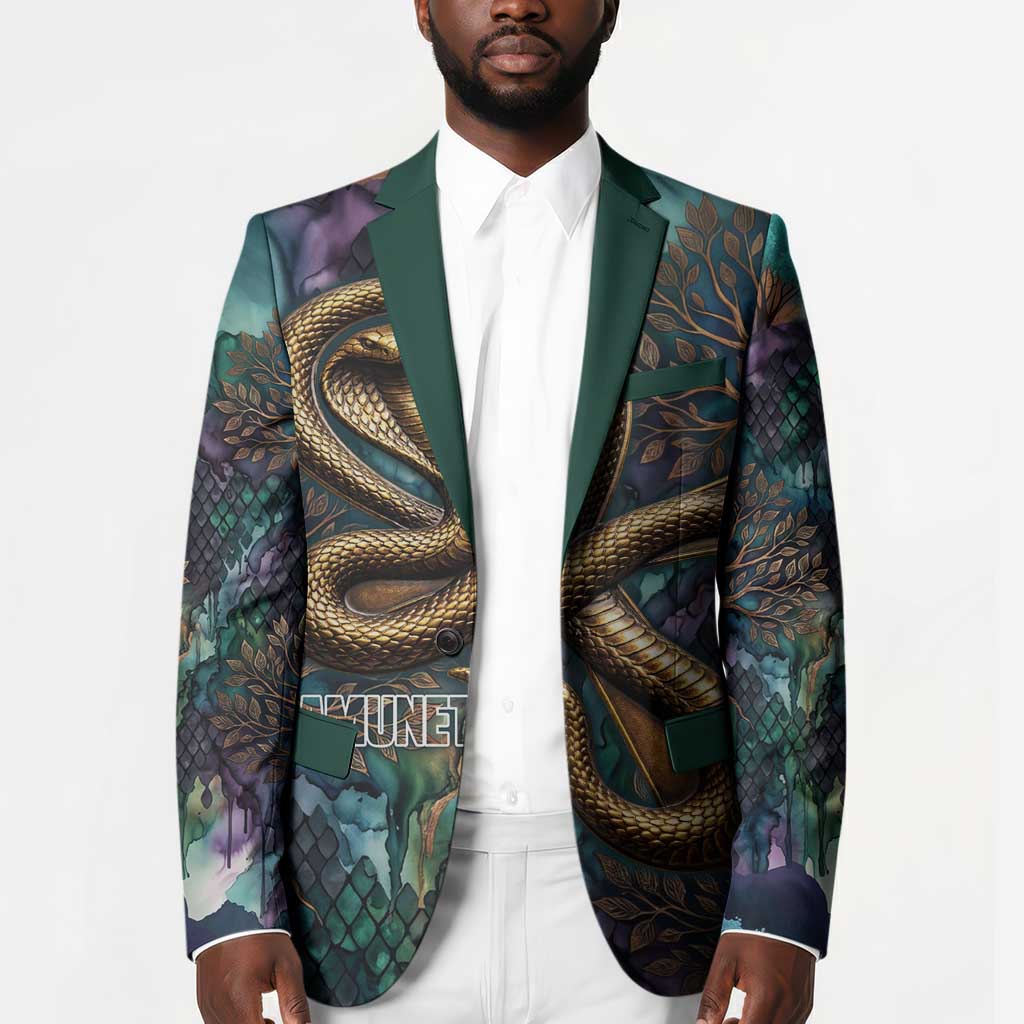 Amunet Ancient Temple Egyptian Blazer with Golden Serpent Mythology in Teal Tones