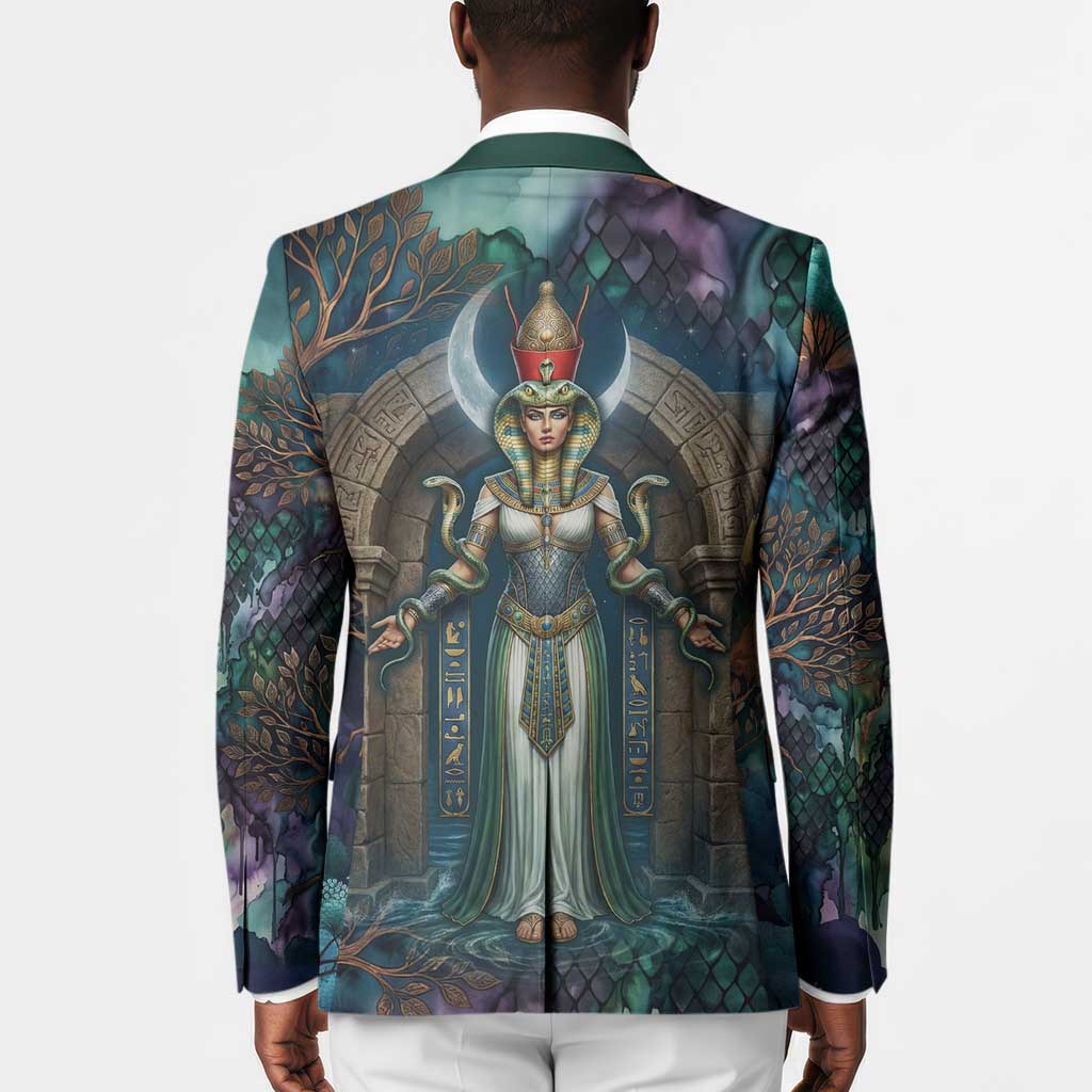 Amunet Ancient Temple Egyptian Blazer with Golden Serpent Mythology in Teal Tones