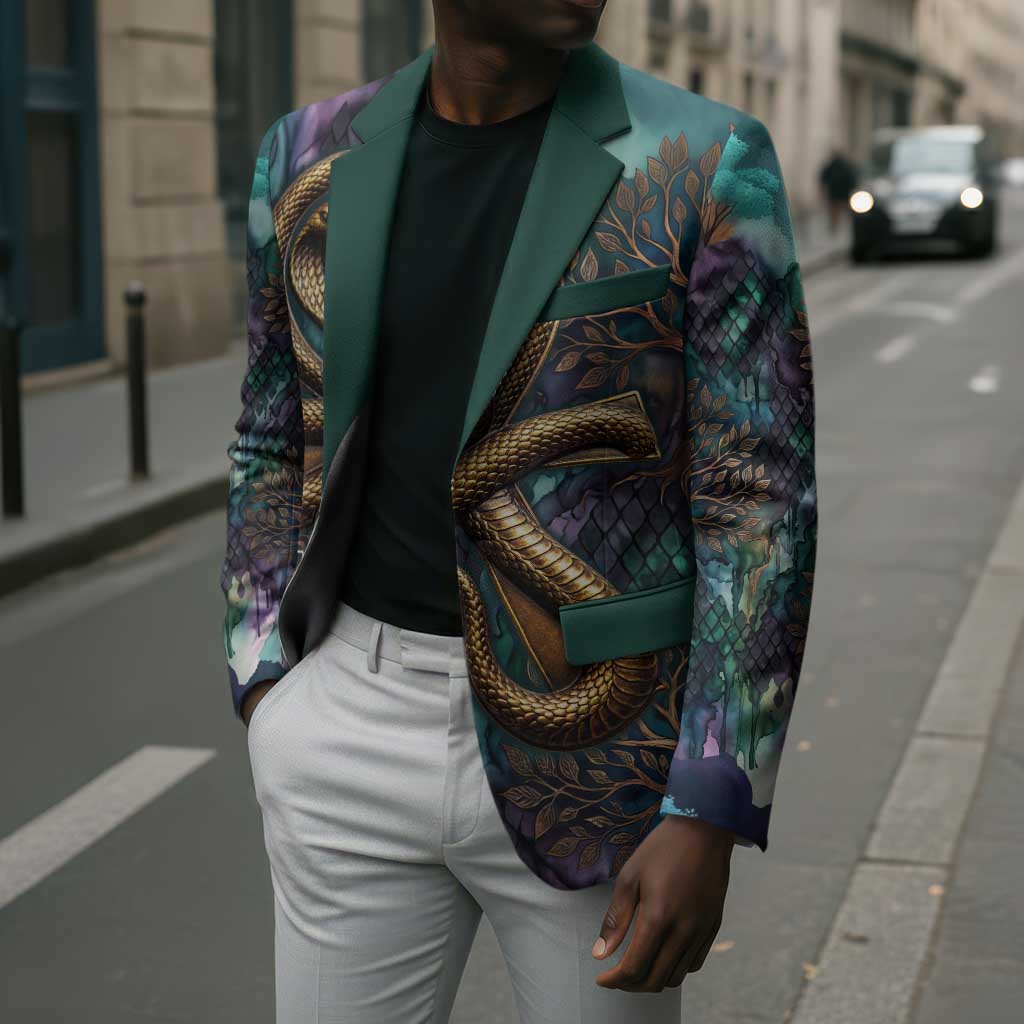 Amunet Ancient Temple Egyptian Blazer with Golden Serpent Mythology in Teal Tones