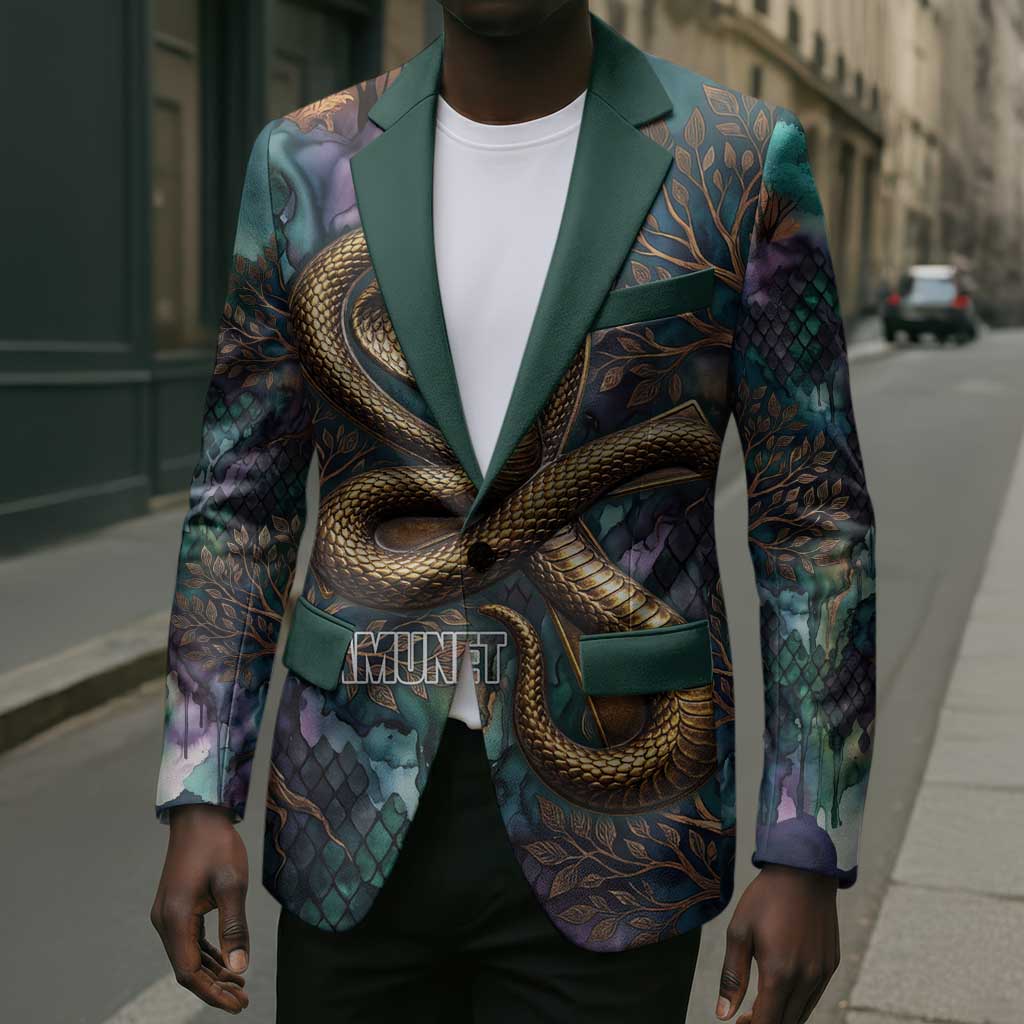 Amunet Ancient Temple Egyptian Blazer with Golden Serpent Mythology in Teal Tones