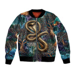 Amunet Ancient Temple Egyptian Bomber Jacket with Golden Serpent Mythology in Teal Tones