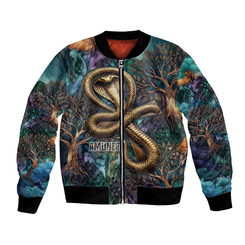 Amunet Ancient Temple Egyptian Bomber Jacket with Golden Serpent Mythology in Teal Tones