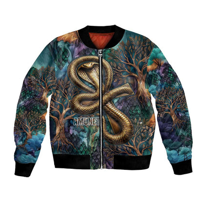 Amunet Ancient Temple Egyptian Bomber Jacket with Golden Serpent Mythology in Teal Tones