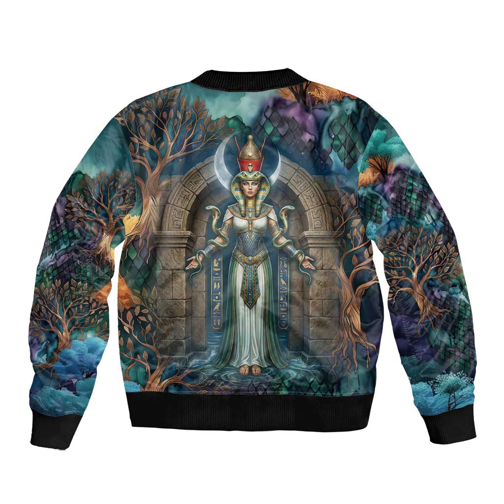 Amunet Ancient Temple Egyptian Bomber Jacket with Golden Serpent Mythology in Teal Tones