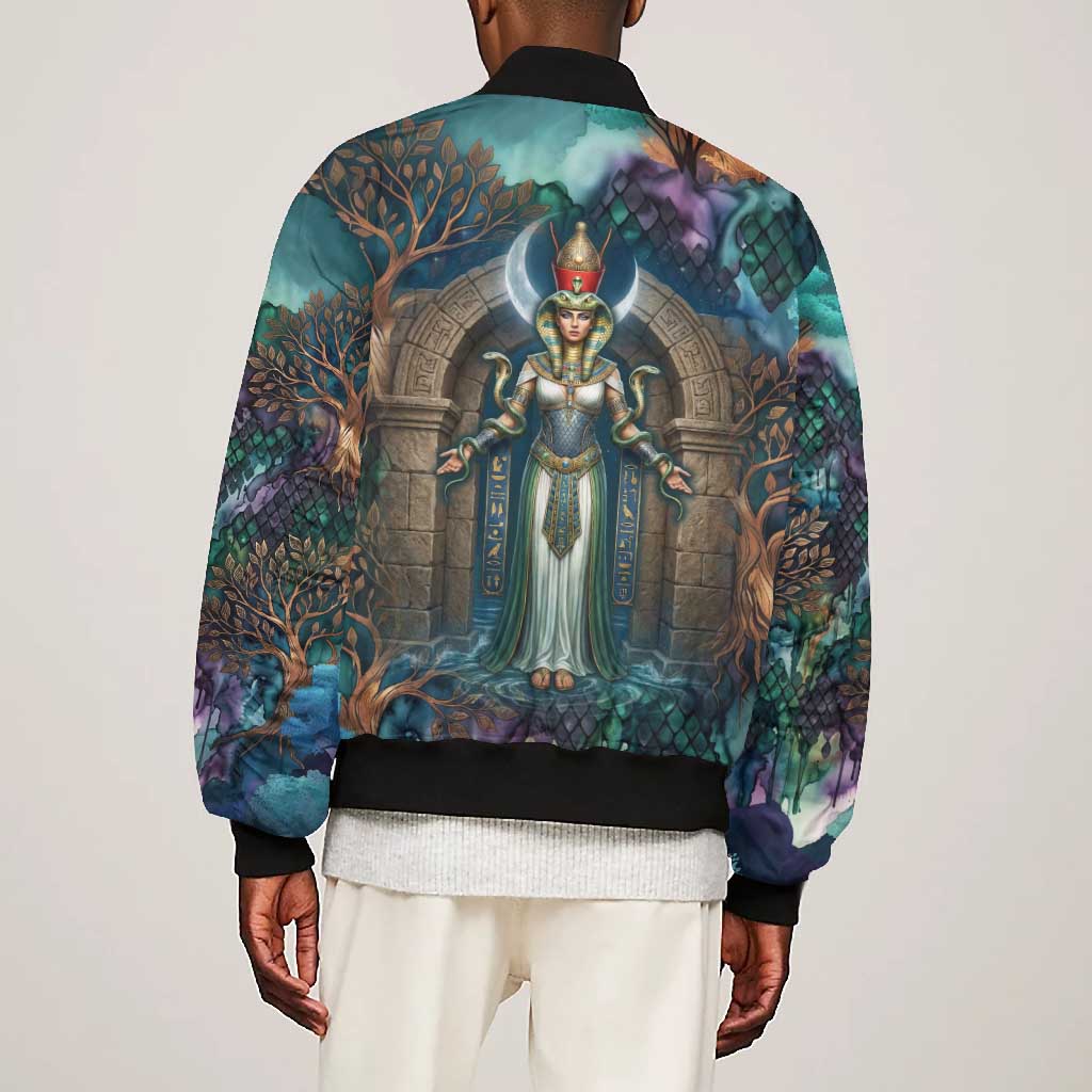 Amunet Ancient Temple Egyptian Bomber Jacket with Golden Serpent Mythology in Teal Tones