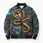 Amunet Ancient Temple Egyptian Bomber Puffer Jacket with Golden Serpent Mythology in Teal Tones