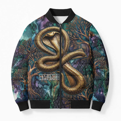 Amunet Ancient Temple Egyptian Bomber Puffer Jacket with Golden Serpent Mythology in Teal Tones