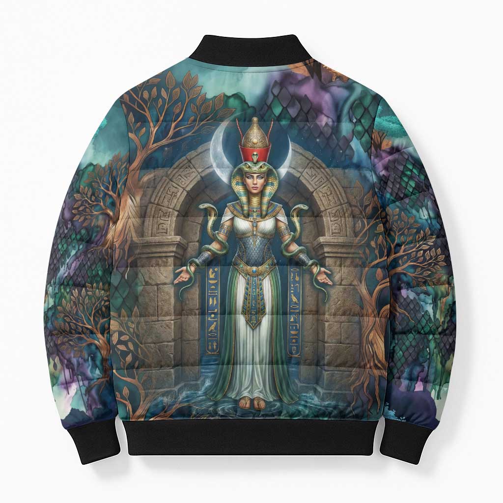Amunet Ancient Temple Egyptian Bomber Puffer Jacket with Golden Serpent Mythology in Teal Tones