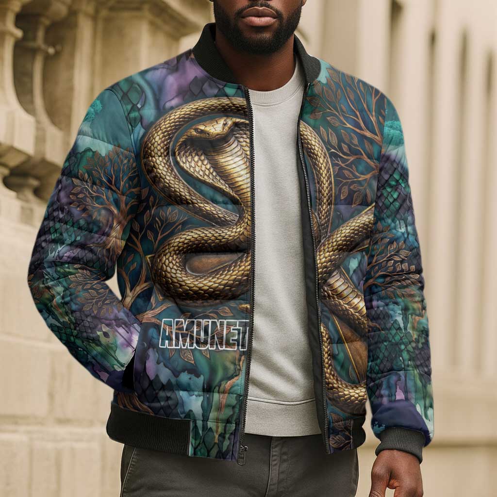 Amunet Ancient Temple Egyptian Bomber Puffer Jacket with Golden Serpent Mythology in Teal Tones