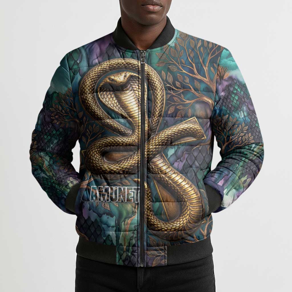 Amunet Ancient Temple Egyptian Bomber Puffer Jacket with Golden Serpent Mythology in Teal Tones