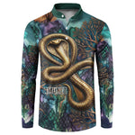 Amunet Ancient Temple Egyptian Button Sweatshirt with Golden Serpent Mythology in Teal Tones