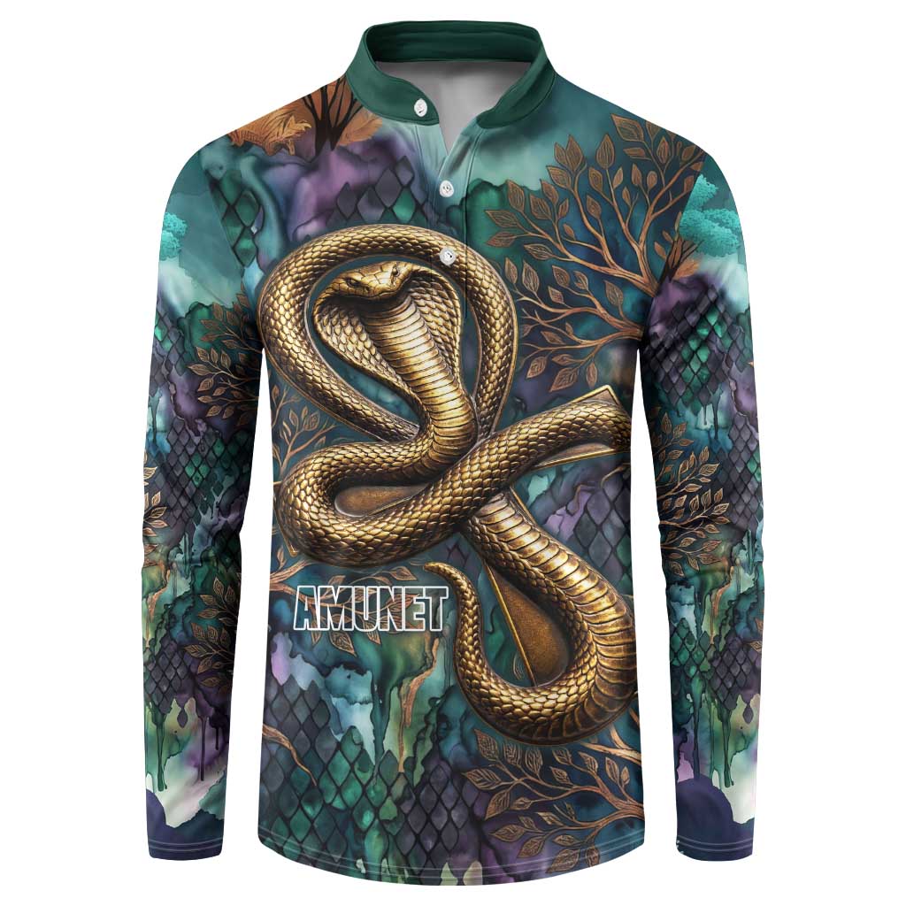Amunet Ancient Temple Egyptian Button Sweatshirt with Golden Serpent Mythology in Teal Tones