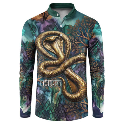 Amunet Ancient Temple Egyptian Button Sweatshirt with Golden Serpent Mythology in Teal Tones