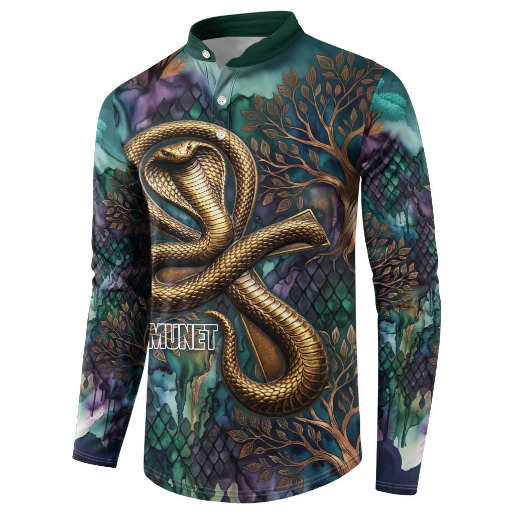 Amunet Ancient Temple Egyptian Button Sweatshirt with Golden Serpent Mythology in Teal Tones