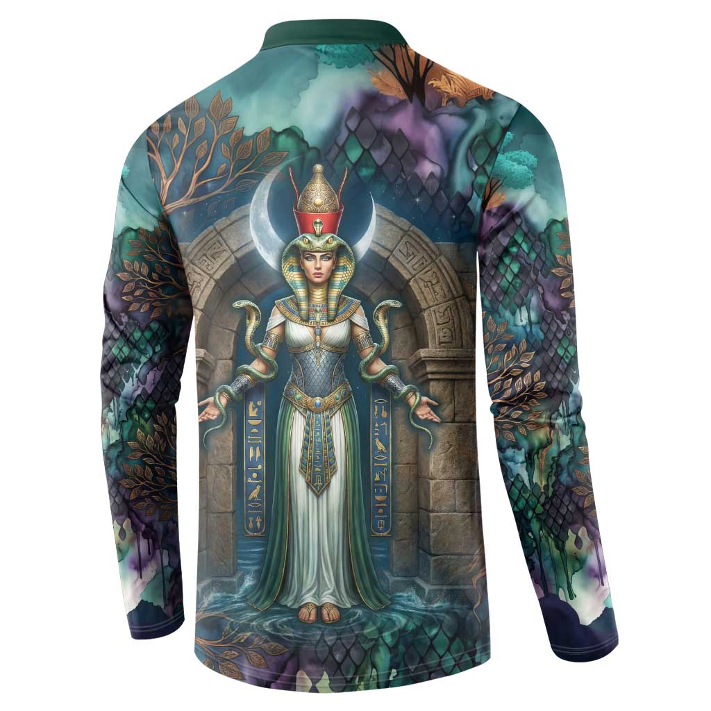 Amunet Ancient Temple Egyptian Button Sweatshirt with Golden Serpent Mythology in Teal Tones